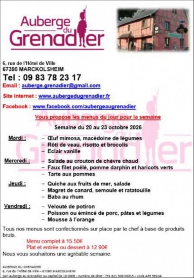 RESTAURANT AUBERGE DU GRENADIER - Menu de la semaine