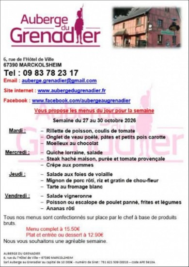 RESTAURANT AUBERGE DU GRENADIER - Menu de la semaine